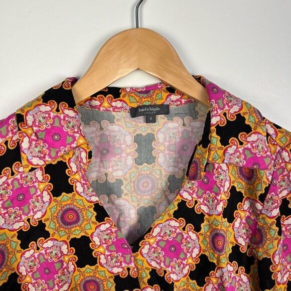 Haute Hippie Long Sleeve Collared Blouse Top Colorful Psychedelic Pattern size S - Picture 3 of 11